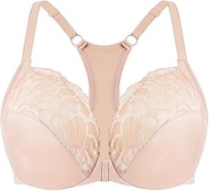 Women's Underwired Racerback Front Closure Lace Unlined Plus Size Full Coverage Bra, Light Beige, 46