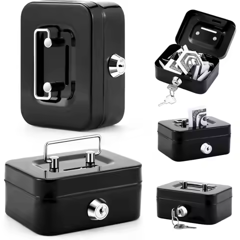 Mini portable cash box, small lockable cash box with key and coin slot, metal cash box.