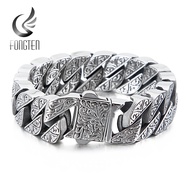 Fongten Vintage Style Bracelet Mens Unique Carving Cuban Link Chain Stainless Steel Men Bracelets Ba