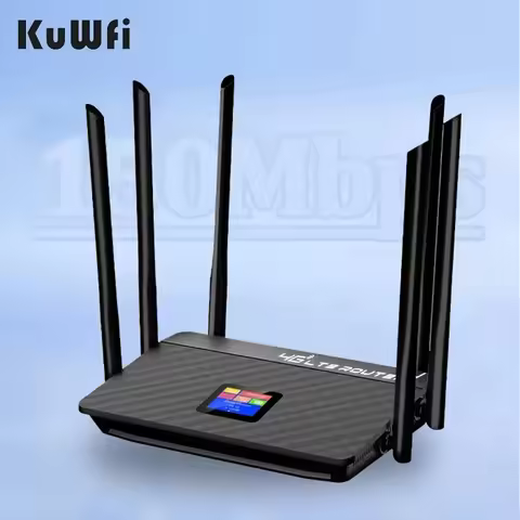KuWfi 4G LTE Router 150Mbps, 5200mAh Battery, 6 High Gain Antennas, SIM Card Slot, RJ45 Port, LCD Di