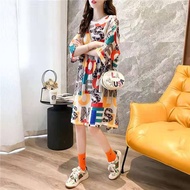 [Street Wear Plus Size Women's Clothing] Ready Stock Plus Size Half-Sleeved t-Shirt within 150kg Can Wear Plus Fat Extra Large Mid-Length t-Shirt Dress Women Summer New Style Half-Sleeve Loose Extra Large Size Women's Clothing Fat mm200