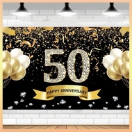 50th Anniversary Wedding Anniversary Decoration, Black Gold 50th Anniversary Banner Backdrop, Happy 