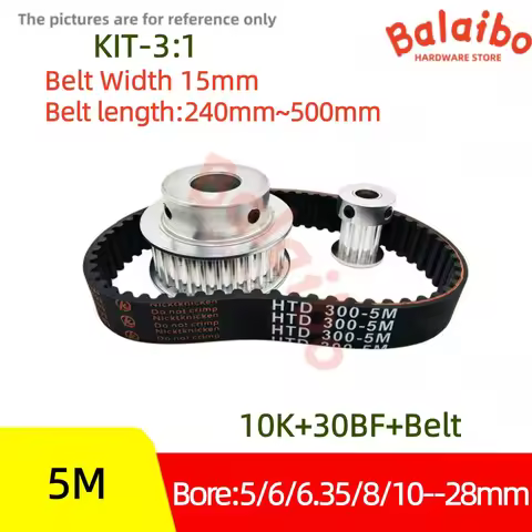 HTD5M timing pulley set 10T 30T belt width 15mm Bore 5/6//8/10/12/14/15/20/28mm 3:1 reduction ratio 