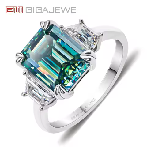 GIGAJEWE Moissanite Emerald Cut Natural Cyan 8X10mm 4.0ct S925 Silver Ring Diamond Test Passed Woman