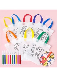10入組隨機設計DIY無紡布袋，含 10 支裝 6 色水彩筆可重複使用禮品袋，適合兒童生日派對禮物