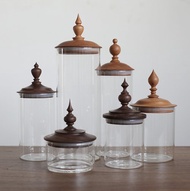 日式復古 實木蓋玻璃密封儲物罐 茶 咖啡豆 雜糧 糖果 乾花 小物