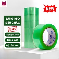 Green packaging tape, transparent, high adhesion, hard to break. 4.2 cm x 180 yards