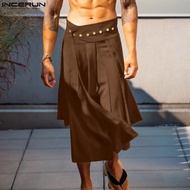 INCERUN กางเกง3/4ผู้ชายกางเกงกระโปรงกระโปรงกางเกงจีบกางเกงขากว้าง (สไตล์ตะวันตก)