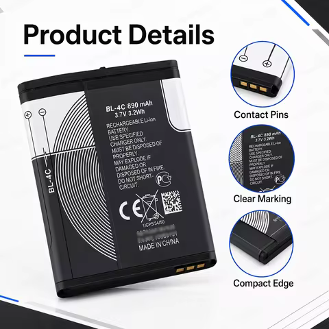 BL-4C BL4C 890mAh Rechargeable Lithium-ion Replacement Battery for Nokia 6100 6300 6125 6136 6170 63