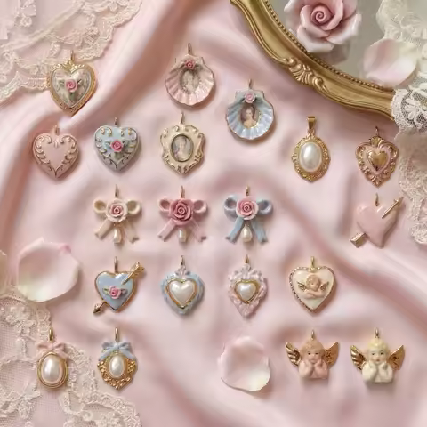 Coquette Vintage Victorian Resin Charms Pink Heart Angel Bow Rose Shell Pendant DIY Necklace Jewelry