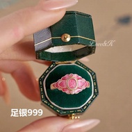 L & K [Pure Silver 999.9] Pink Enamel Colorful Ring, Girl Ring Bracelet, Hypoallergenic Adjustable, 