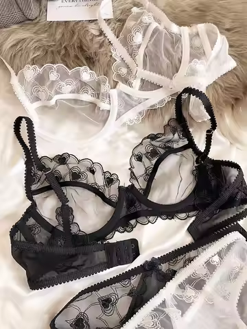 Love embroidery ultra-thin transparent mesh gauze with steel ring bra set women large size sweet spi
