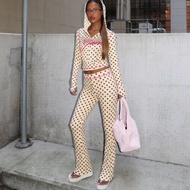 Kliou Casual Polka Dot Letter Print 2 Piece Set Woman Tracksuit Trend Sexy Hooded Jacket+Pants Skinn