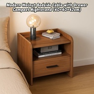 Modern Walnut Bedside Table with Drawer – Compact Nightstand (40×40×42cm)