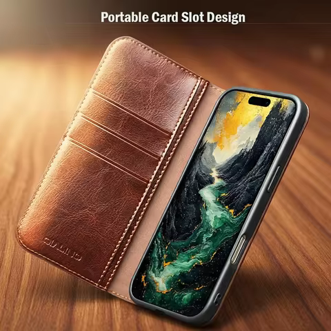 QIALINO Case for iPhone 17 Pro Max Luxury Ultra Slim Handmade Genuine Leather Wallet Card Slot Flip