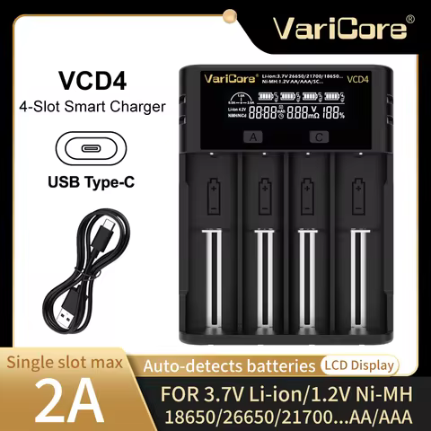 NEW Varicore VCD4 LCD Smart Battery Charger for 3.6V/3.7V Li-ion 18650 21700 26650 1.2V Ni-MH Ni-Cd 
