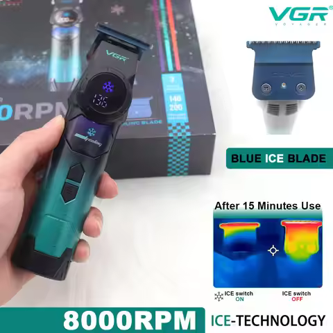 VGR V-946 Ice Tech Hair Clipper Metal Body DLC Blue Blade 8000RPM Brushless Motor 0-Gap for Professi