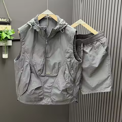 Men Summer 2-Piece Tracksuit, Quick Dry Tech Fabric Hooded Sleeveless Vest + Shorts, Y2K Streetwear 