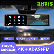 NHUIS 12 Inch 4K Car DVR Wireless CarPlay Android Auto ADAS WiFi Dash Cam GPS FM Rearview Mirror Video Recorder 24h Parking Monitor DFRJY
