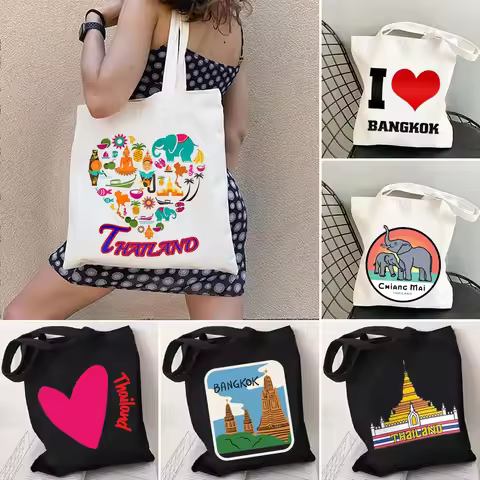 Elephant Bangkok Thailand Flag Map Cute Tuk Shoulder Canvas Totes Bag Buddha Phuket Koh Samui Souven