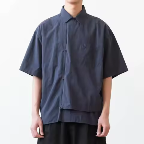 Summer Fashion Dark Blue Creative Placket Short Sleeved Shirt Traditional Tang Blouse Men Casual Loo