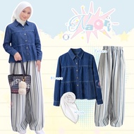 French Blouse Korean Style 3in1 Denara Denim Crop + Culottes Hommy Stripe Navy Mix Rayon + Bella Squ