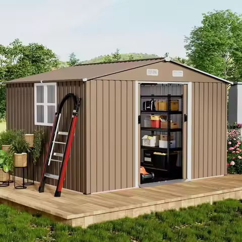 10x8ft Outdoor Storage Shed with Floor, Lockable Sliding Door, Metal Construction, Waterproof Garden