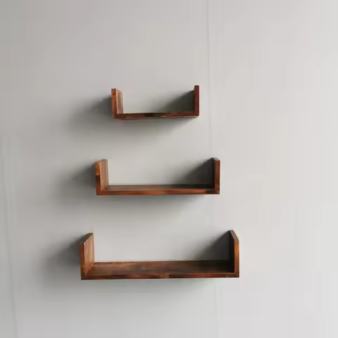 #￥Wall Rack U Shapes Floating Shelves Set of 3 Wall Mounted Morden Rustic Wooden Wood Living Room Fu