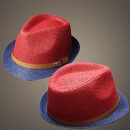 Straw Hat Men Women Jazz Hat Beach Sun Hat Middle-aged Elderly Square Sailor Dance Red Leather Edge 