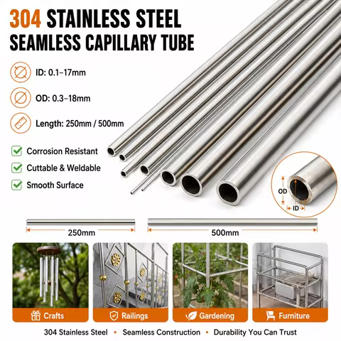 304 Stainless Steel Seamless Capillary Tube Precision Straight Round Pipe 250mm 500mm Length ID 0.1-