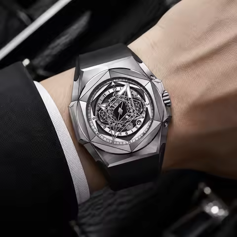 REEF TIGER Men's Black Shark Hexagonal Skeleton Automatic Watch Luxury Design Rubber Strap Water Res