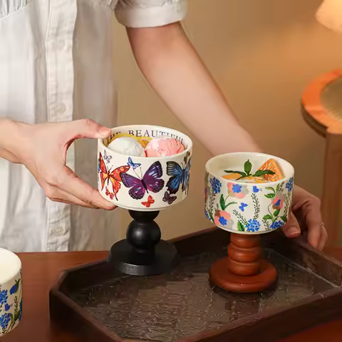 Retro Butterfly-patterned Wood Highball Glass Ceramic Cup Dessert Tray Ice Cream Cup Hand-painted Fr