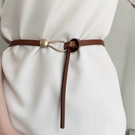Designer Belts For Women Leather Knot Dress Belt Long Thin Waistband Gold Buckle Black