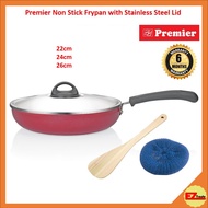 Premier Non Stick Aluminium Fry Pan Classic with Stainless Steel Lid - 22cm, 24cm, 26cm