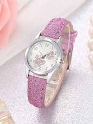 1入組兒童粉色PU聚氨酯錶帶可愛蝴蝶圖案圓形錶盤石英手錶適合日常生活