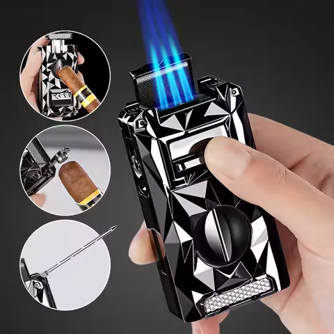 5 in 1 Cigars Lighter 3 Jet-Flame Torch Lighter with Cigars V Cutter/Cigars Holder/Cigars Punch Refi