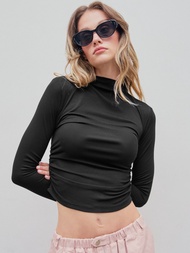 Cider High Neck Ruched Long Sleeve Top
