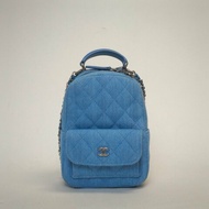 CHANEL 手提前口袋雙肩包13牛仔藍牛仔鐳射標銀扣肩背包