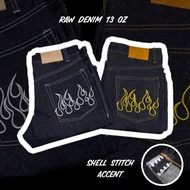 celana jeans raw denim selvedge shell stitch 13 oz - flame kuning 30
