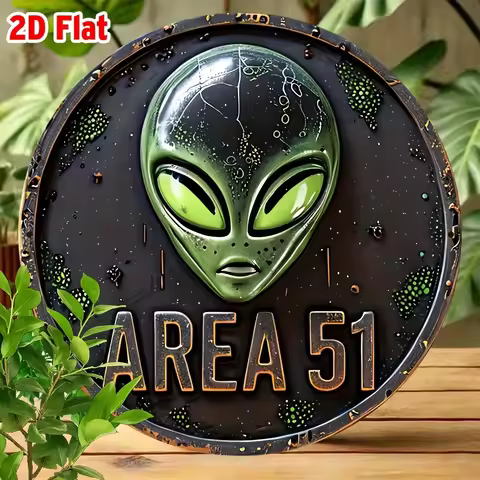 2D Flat, 2D Flat Round Vintage Area 51 UFO Alien Wall Sign - Retro Aluminum Metal Decor, 7.87x7.87 I