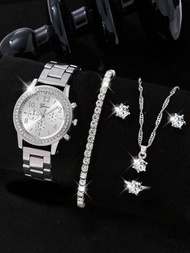 6入組女士手錶，時尚閃亮，女性鑲嵌鋁合金石英手錶搭配鑽石手鐲，項鍊，耳環和戒指