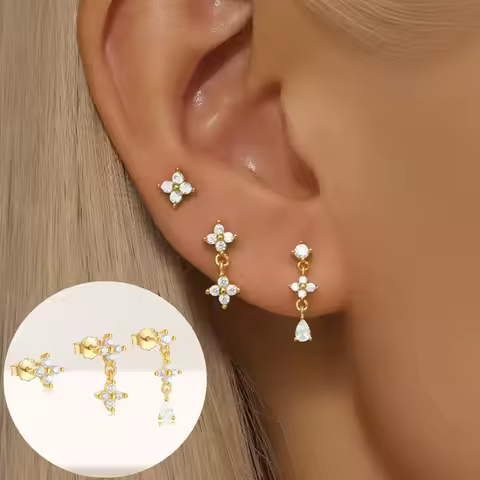 3PCS Four Leaf Flower Stud Earring Set For Women Tragus Piercing Jewelry Chain Cartilage Hoop Earrin