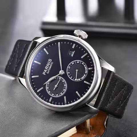 New Luxury Parnis Watch 43mm Black Dial Automatic Men Watches Mechanical Calendar Leather Strap Wris