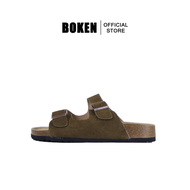 ผู้ชายรองเท้าแตะ BOKEN กลางแจ้งรองเท้าแตะชายหาดแบนจุกไม้ก๊อกนุ่มอุดตันสองสายสีเขียวมะกอก