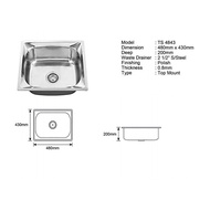 Twins TS4843 480mm (L) x 430mm (W) x 200mm (D) Stainless Steel Kitchen Single Sink Bowl