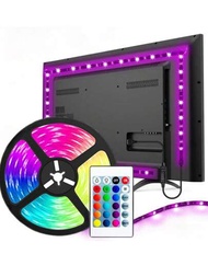 1捲30LED/M RGB LED電視背景燈條附USB電源供應器，多種顏色變化LED燈帶，配有24鍵紅外遙控器，適用於電腦，客廳，臥室和派對環境裝飾