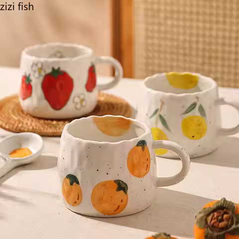 Ceramic Mug Coffee Cup Glazed Surface Cartoon Fruit Doodle Children Mugs Coffee Cups Strawberry Chil