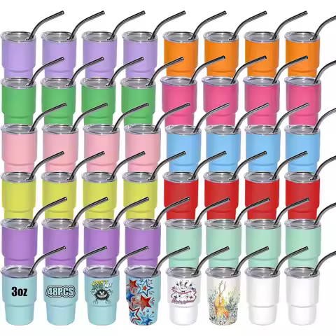 48 Pack Mini Tumbler 3oz Mini Tumblers Shot Glass with Straw and Lid Small Sublimation Shot Glasses 