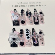 Cute My Melody HelloKitty Long Handmade Press On Nails Shibuya Gyaru Y2K Black Pink Yami Fake Nails 