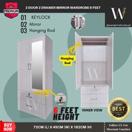 WONDERFUL 2 Door Wardrobe Clothes Mirror Almari Baju 2 Pintu Cermin White Wash Oak Color Almari Baju